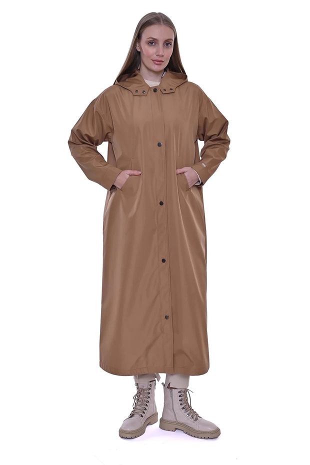 Kapüşonlu Uzun Yağmurluk - Camel - 1