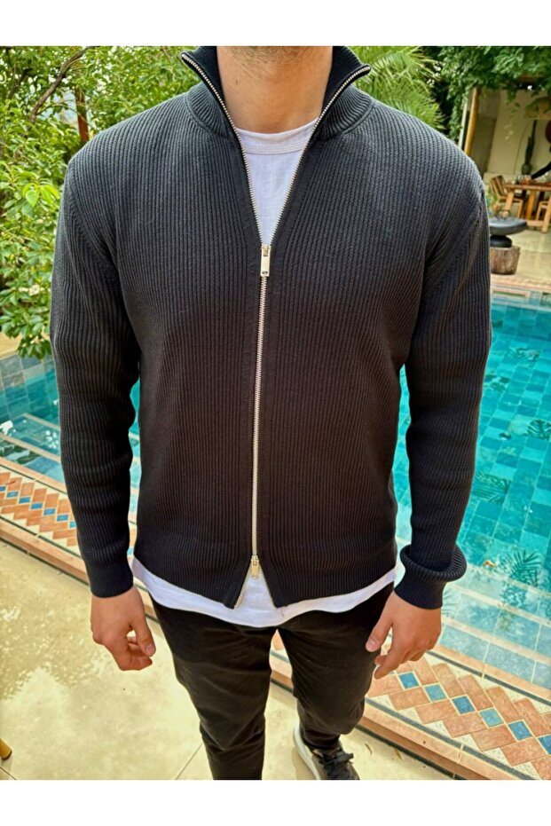 Men's Chain Stitch Double Zipper Cardigan