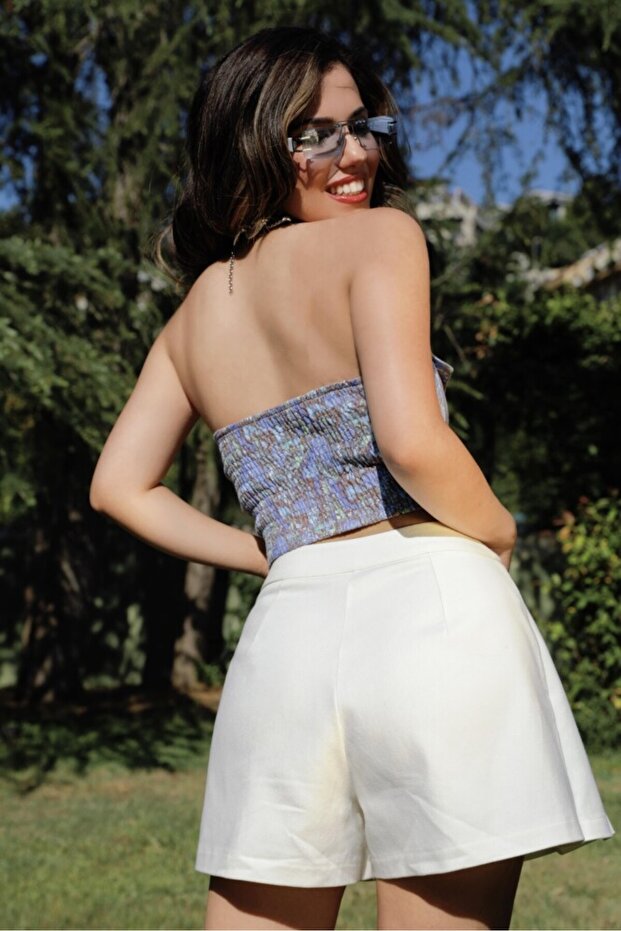 EKRU ÖNÜ PİLELİ DÜŞÜK BEL ARKASI ŞORT ETEK - 6