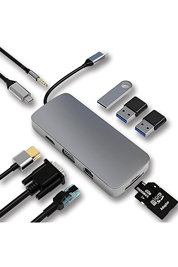 10-in-1 USB C Hub Docking Station with 4K HDMI, VGA, USB 3.0, Ethernet, SD/TF & 3.5mm AUX - Compatib - 1