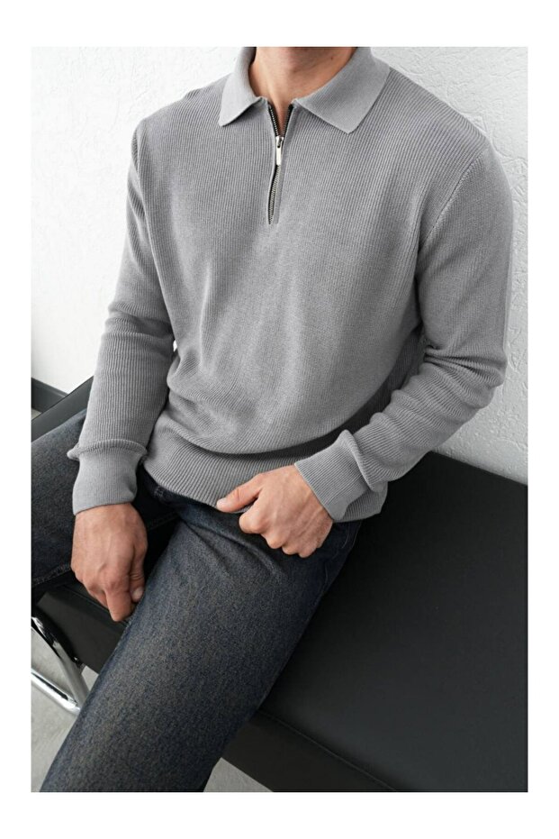 Men's Zippered Shirt Collar Knitwear