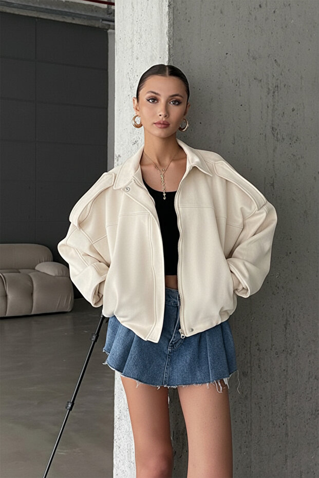 Oversize Kadın Bomber Ekru Süet Deri Ceket - 3
