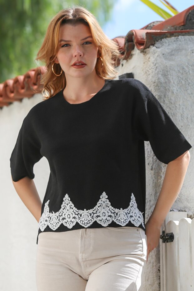 Black Round Neck Short Sleeve Lace Knitwear Blouse 64 57
