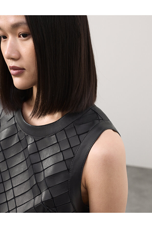 Deri Detaylı Mini Elbise - 7