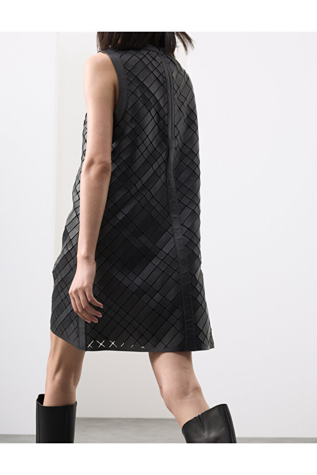 Deri Detaylı Mini Elbise - 4