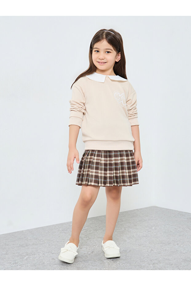 Girls Beige Long Sleeve Top and Checked Skirt Set