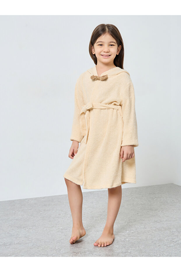 رداء حمام سادة بغطاء رأس باللون البيج - 1