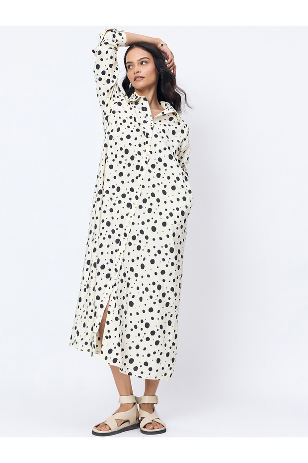 Off White Spot Print Maxi Shirt Dress