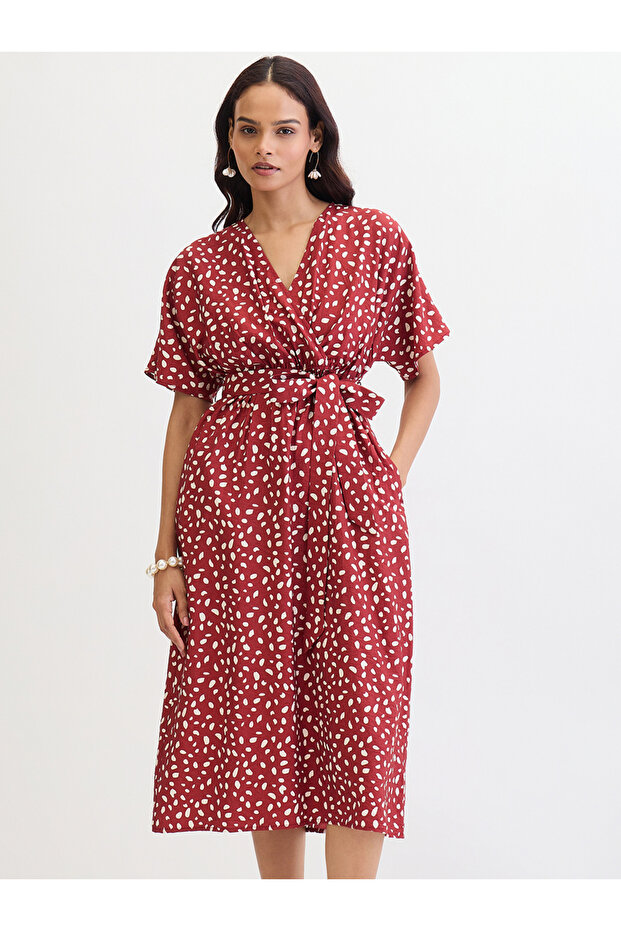 Red Spot Print Wrap Midi Dress