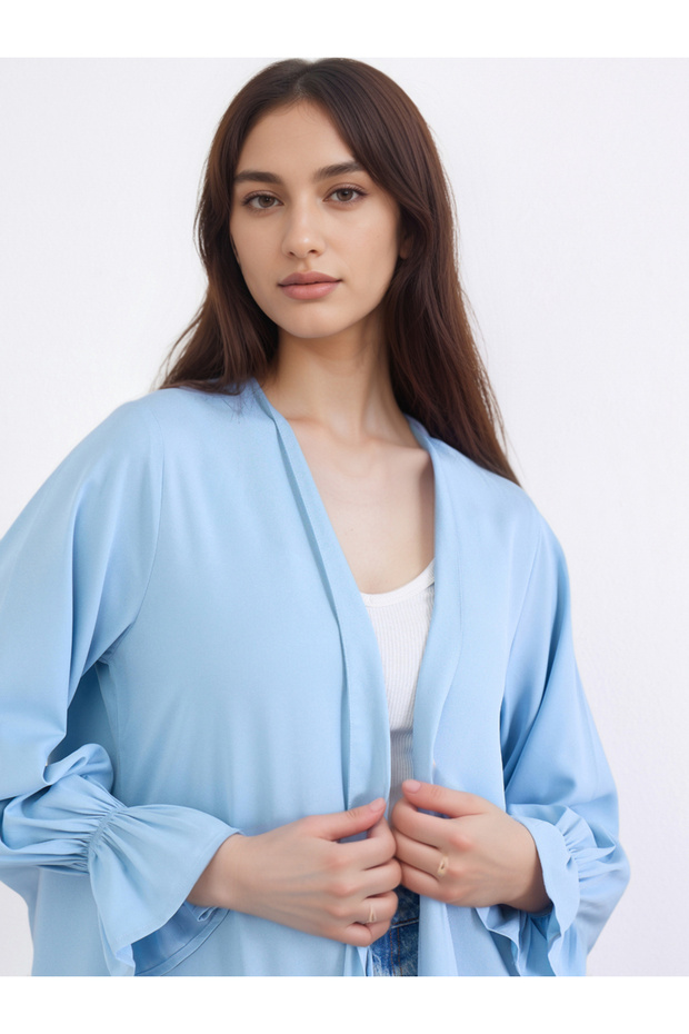 Solid Frill Sleeves Front Open Abaya - 3