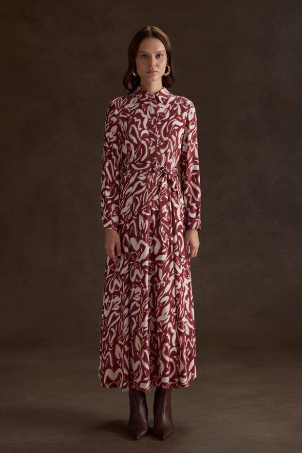 Bordo Desenli Viscon Elbise - 3