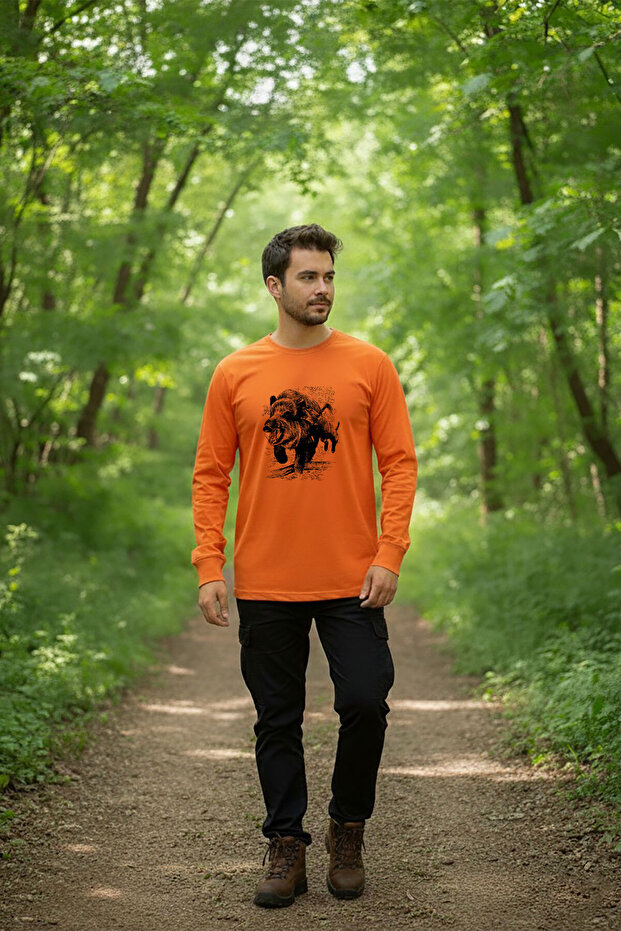 Pig Hunting Printed Regular Fit Orange Crew Neck Long Sleeve T-Shirt
