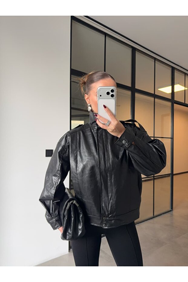 Stand-Up Collar Black Leather Jacket