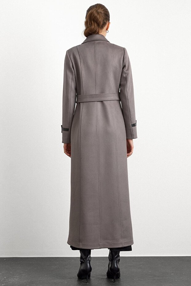 Gabardin velúr kabát inggallérral és bőr részletekkel, SZÜRKE 6799 - 5