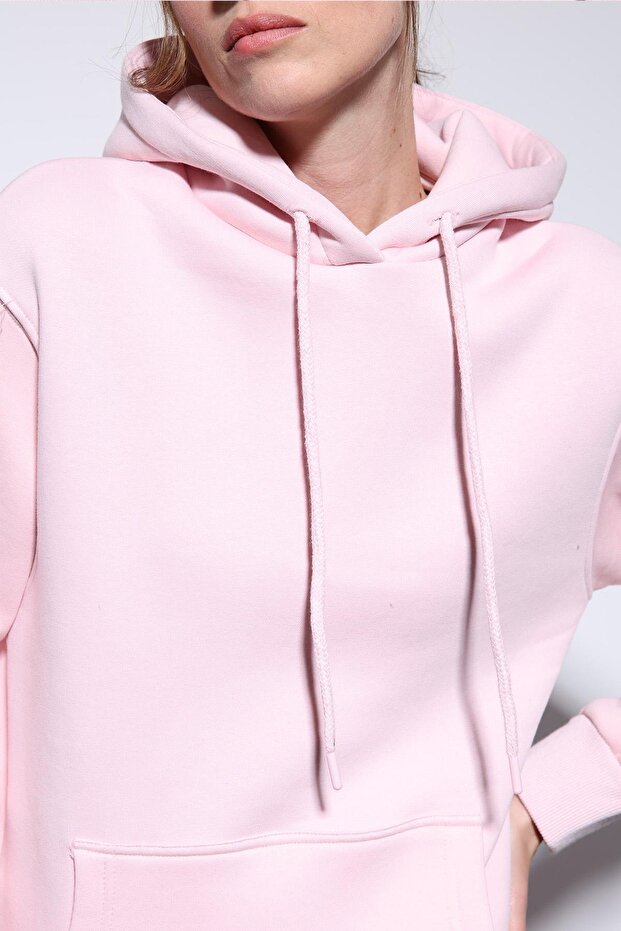 Pembe Kapüşonlu Basic Kadın Sweatshirt - 5