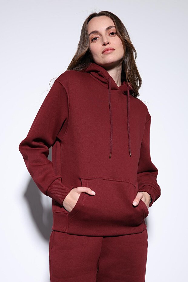 Bordo Kapüşonlu Basic Kadın Sweatshirt - 1