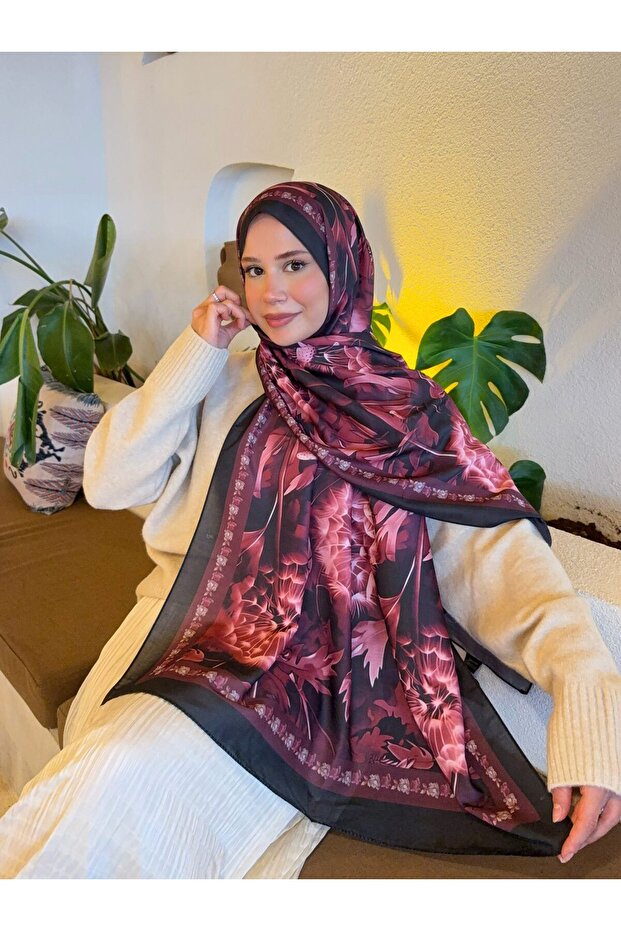 شال قطني ناعم منقوش من سلسلة فيرا باللون الأسود العنابي ps131