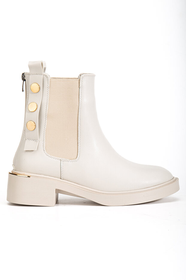 Women's Beige Leather Boots with Gold Studs and Heel Detail and Elastic Sides