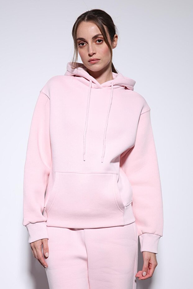 Pembe Kapüşonlu Basic Kadın Sweatshirt - 3