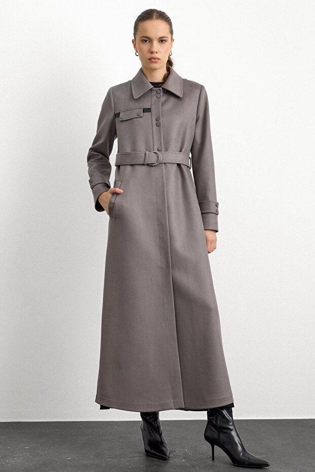 Gabardin velúr kabát inggallérral és bőr részletekkel, SZÜRKE 6799 - 4