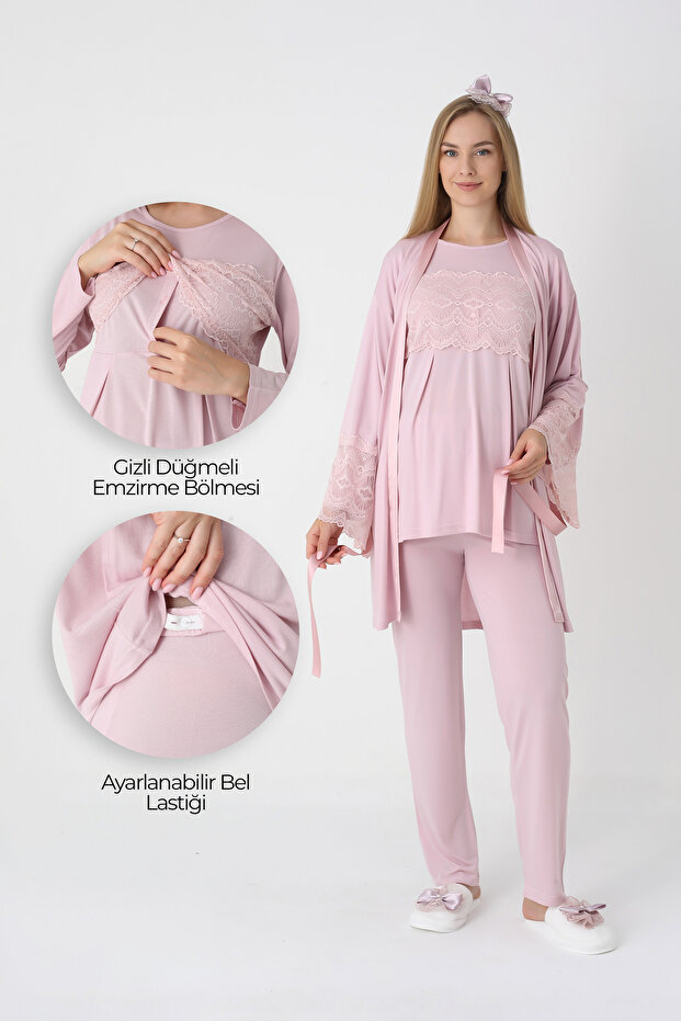Maternity Pajamas and Robe Set / Buttoned Hidden Breastfeeding / Lace Detailed Viscose Nightgown