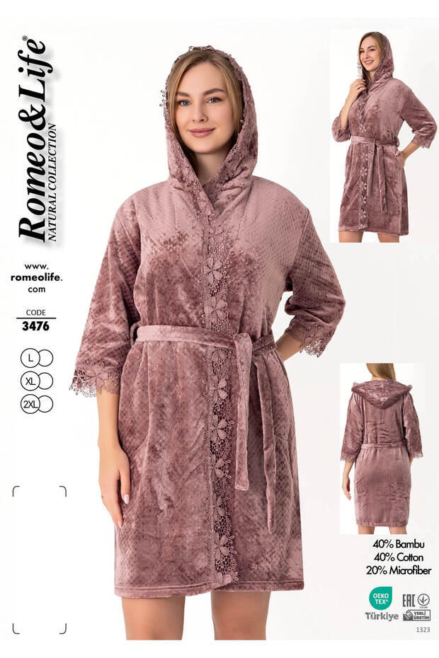 Soft Textured Cotton Bamboo Blend Women's Bathrobe Home Wear - Coffee 3476