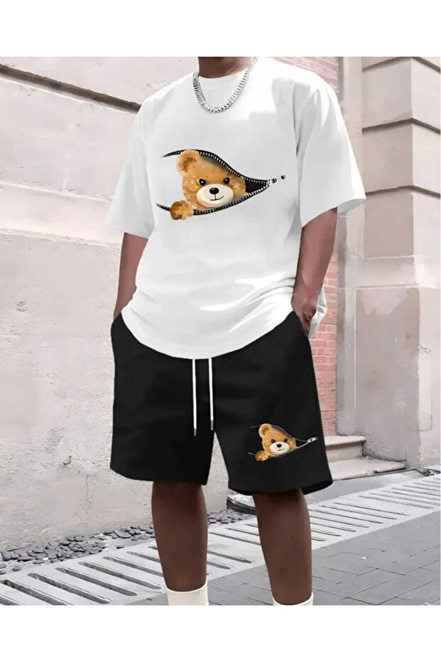 3D Effect Cute Bear Pattern Summer Men's Suit