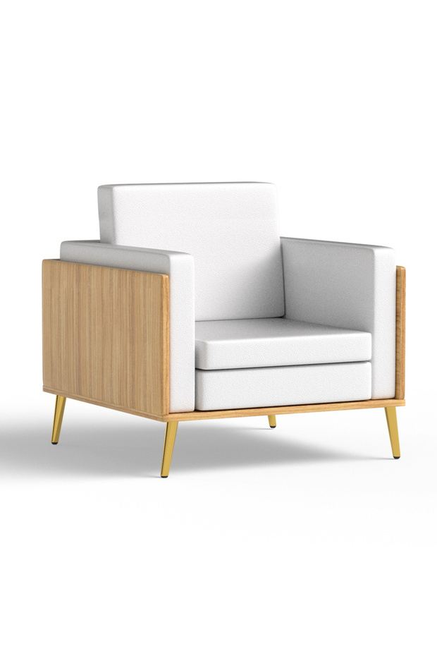 KD 3326 Coco Bolo Wooden Single Seat Sofa with Golden Legs and White PU Cushion for Office - 1