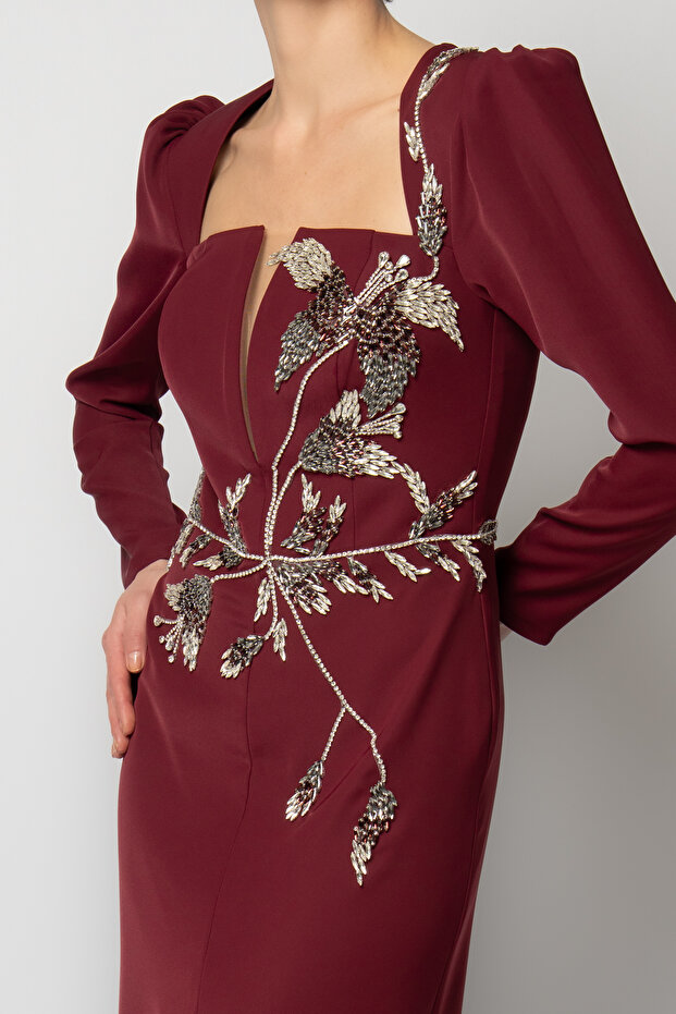 Robası dallı çiçek desen taşlı uzun kollu krep abiye elbise - 4