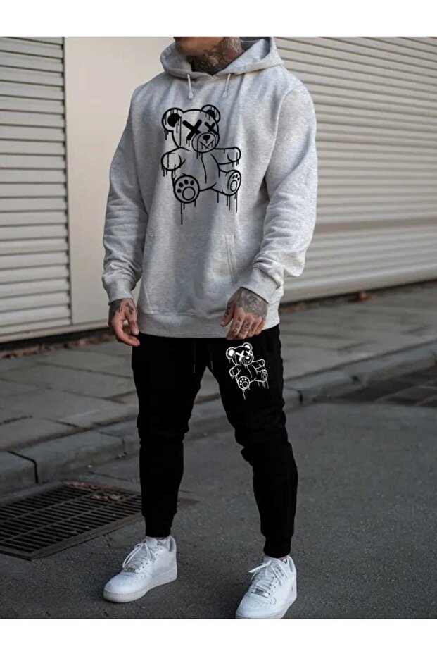 Men's Graffiti Teddy Bear Printed Hooded Tracksuit Set