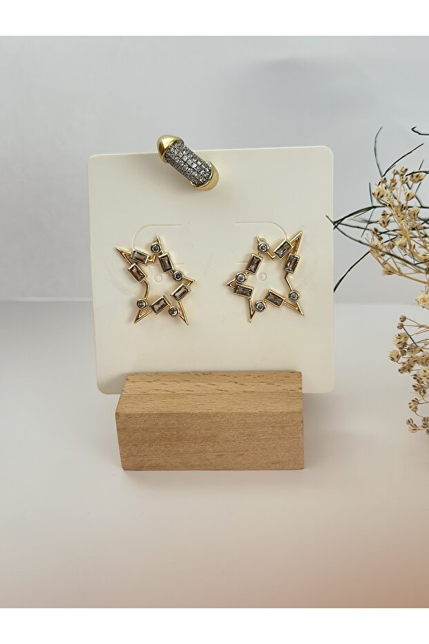 Brand Equivalent Baguette-Cut Stone Star Detail Triple Earrings (with Earcuff)