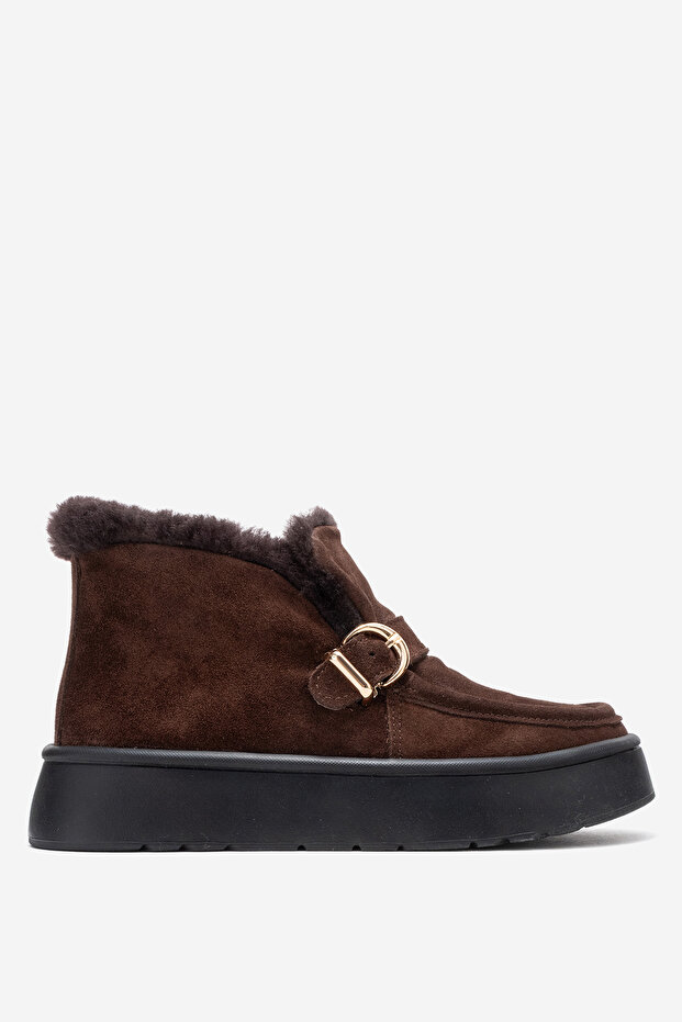 Women's Ankle Length Furry Boots Real Leather Rc 604 Brown