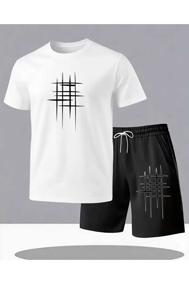 Men's Striped Grid Printed T-Shirt and Shorts Set