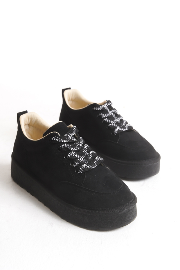 Elena Vellini Black Thick Sole Lace-Up Suede Orthopedic Daily Women's Sports Shoes