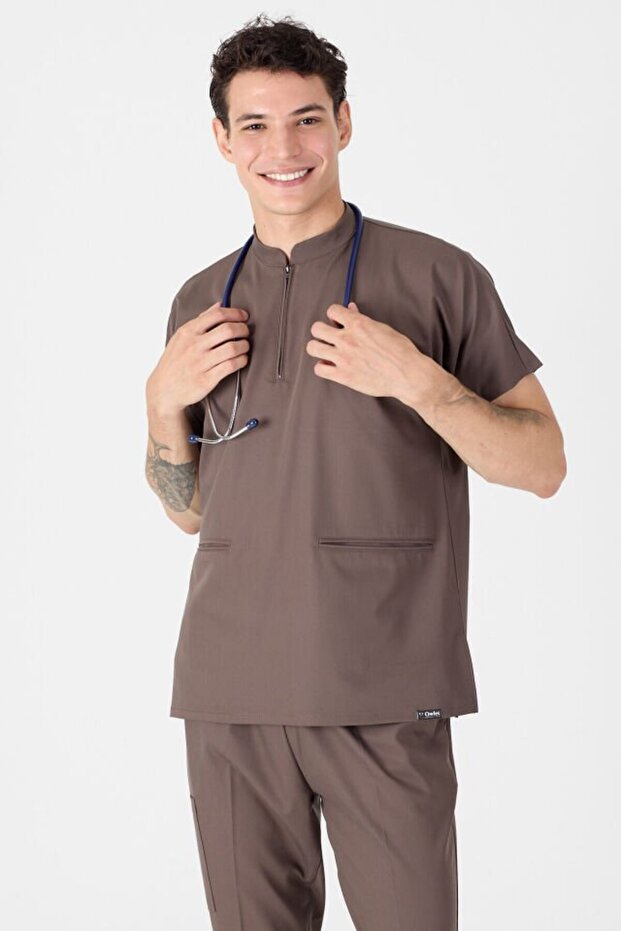 Lycra Chocolate Brown Zipper Detailed Scrubs