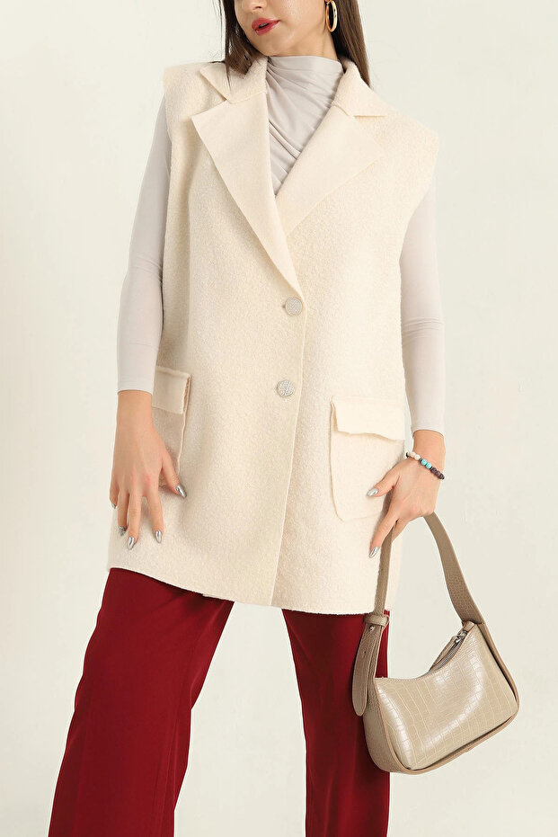 Women's Double Breasted Collar Buttoned Long Boucle Cashmere Vest