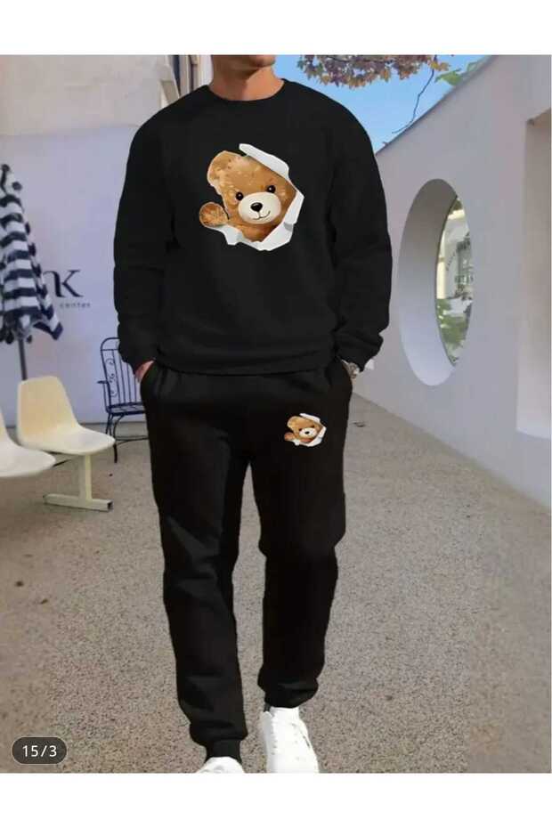 Men's Ripped Effect Teddy Bear Printed Sweat Suit