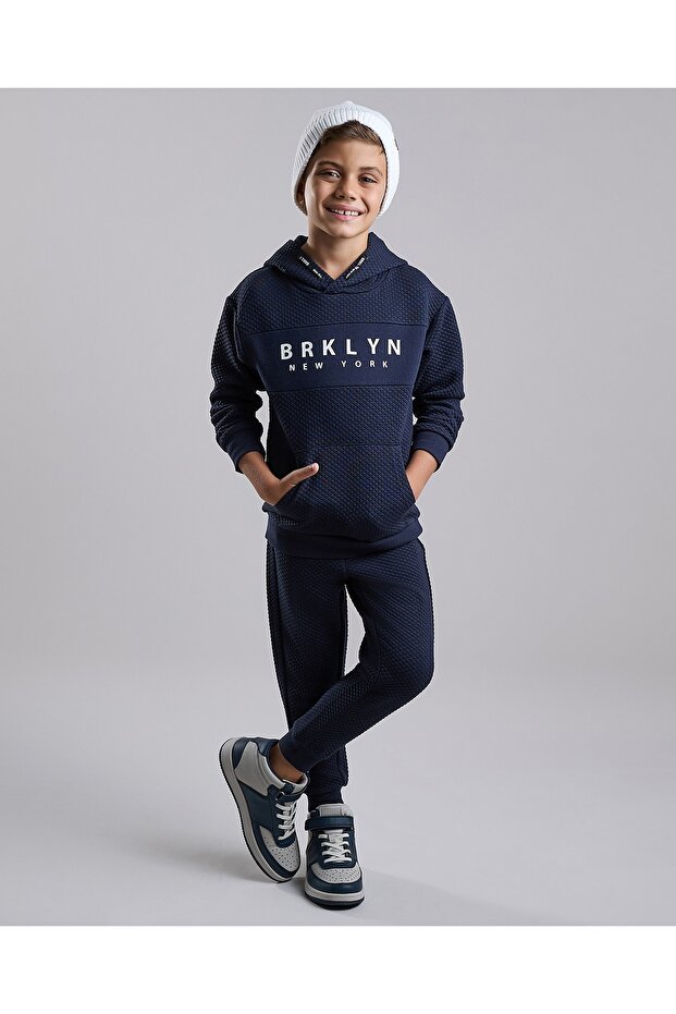 Navy Blue Boy's Printed Hooded Sweatsuit Set