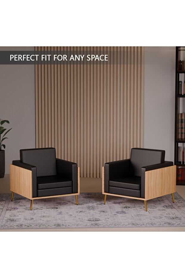 KD 3326 Coco Bolo Wooden Single Seat Sofa with Golden Legs and Black PU Cushion for Office - 6