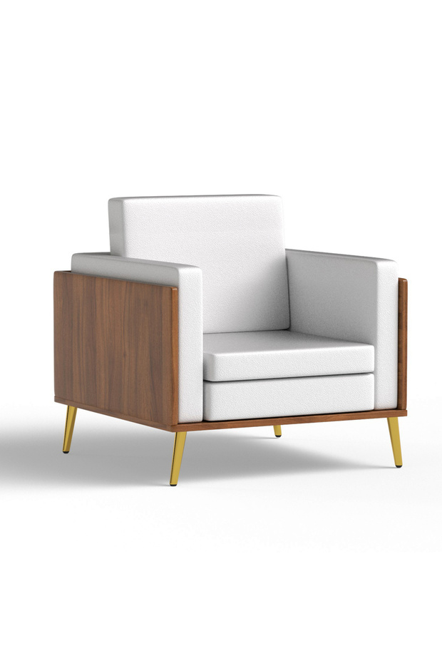 KD 3326 Natural Dijon walnut Wooden Single Seat Sofa with Golden Legs and White PU Cushion