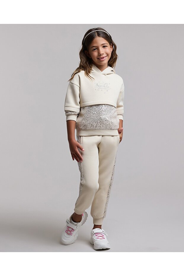 Beige Girl's Sequined Hooded Clothing Set