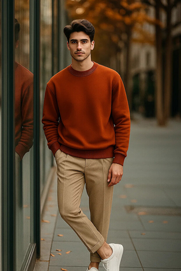 سترة رجالية فضفاضة أساسية بلون القرفة للاستخدام اليومي - 6