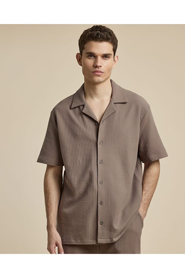 Textured Shirt with Revere Collar and Short Sleeves