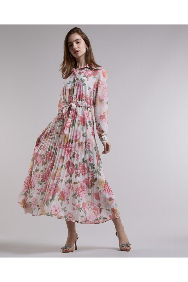 Floral Print Shirt Dress with Long Sleeves
