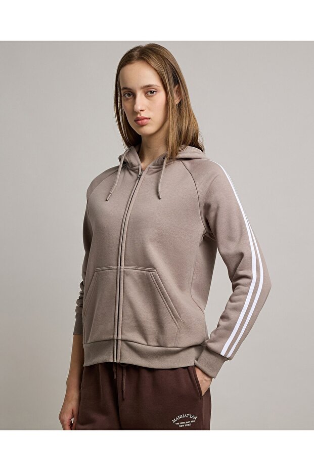 Stripe Detail Hooded Jacket with Zipper Closure