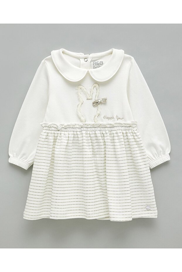 Appliqued A-Line Dress with Baby Collar and Long Sleeves