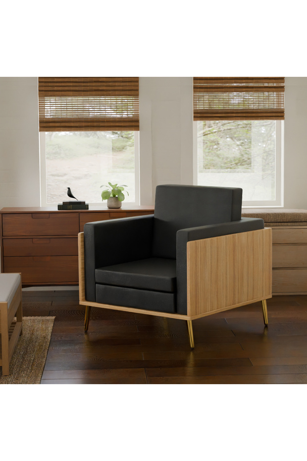 KD 3326 Coco Bolo Wooden Single Seat Sofa with Golden Legs and Black PU Cushion for Office - 2