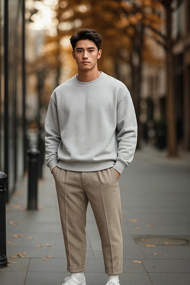 Men's Casual Basic Gray Loose Sweater - 4