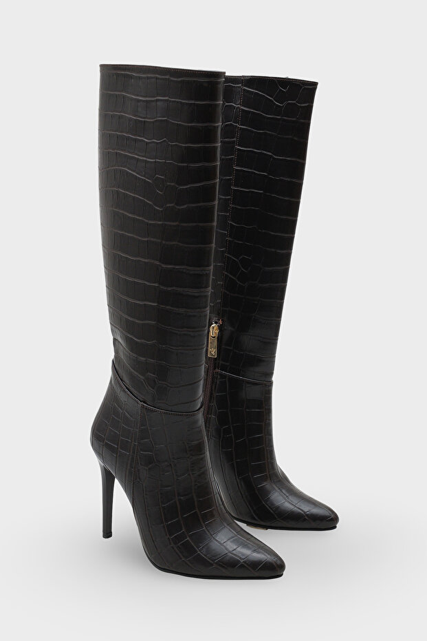 Women's Pointed Toe Heeled Side Zipper Casual Boots Masi Brown Crocodile