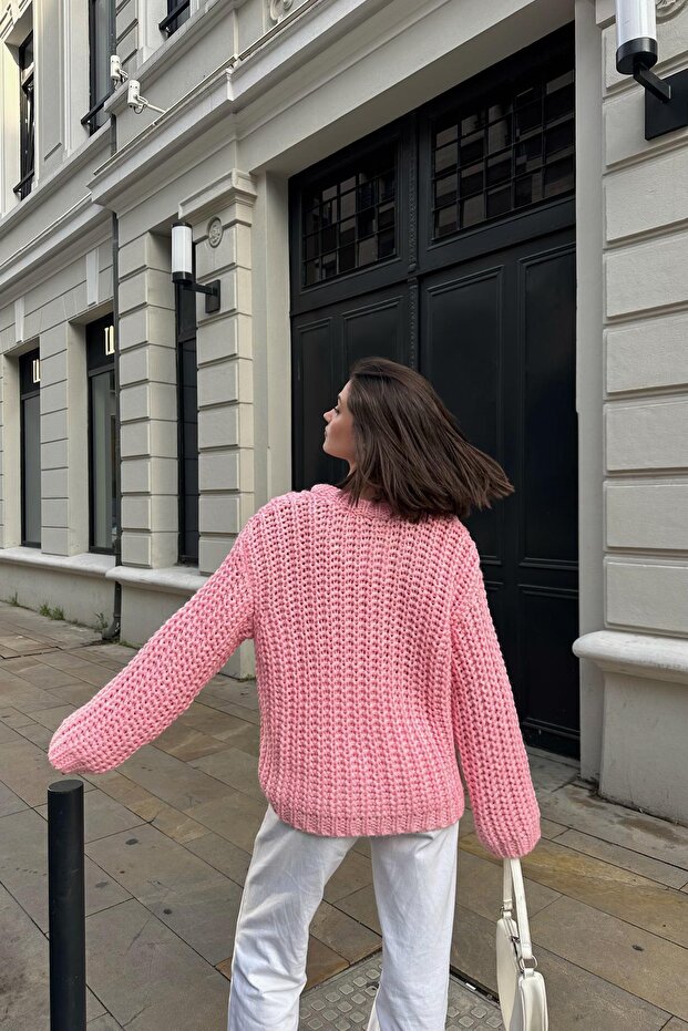 Selanik Örme Triko Kazak Pembe - 5